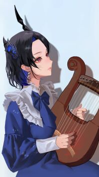 1girl absurdres asymmetrical_horns black_hair black_horns blue_dress blue_hair blue_ribbon colored_inner_hair dress earrings highres holding holding_instrument holding_lyre hololive hololive_english horns instrument jewelry lyre medium_hair multicolored_hair nerissa_ravencroft purple_eyes ribbon shadow solo thekaiyip virtual_youtuber