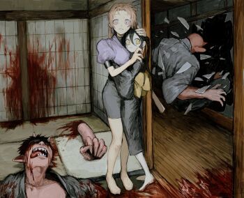 2boys 2girls architecture bald barefoot black_hair black_kimono black_skirt blood blood_on_feet blood_on_wall broken_glass brown_hair colored_skin corpse defenestration east_asian_architecture gakudayo glass glass_shards highres horns house hug indoors japanese_clothes kimono long_hair looking_at_another looking_at_viewer multiple_boys multiple_girls nervous_sweating oni original parted_lips pencil_skirt pink_eyes pink_skin pool_of_blood puffy_short_sleeves puffy_sleeves purple_shirt scared severed_arm severed_limb sharp_teeth shirt short_hair short_sleeves shouji skirt sliding_doors smile sweat teeth tongue tongue_out yellow_eyes