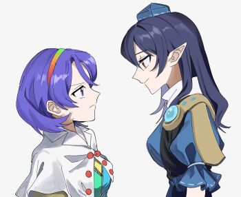 2girls black_coat blue_dress blue_hair blue_hat breasts capelet closed_mouth coat commentary dress eye_contact grey_background hairband hat highres iizunamaru_megumu long_hair looking_at_another medium_breasts multicolored_dress multicolored_hairband multiple_girls pointy_ears puffy_short_sleeves puffy_sleeves purple_eyes purple_hair rainbow_gradient rainbow_hairband red_eyes short_sleeves simple_background smile tenkyuu_chimata tokin_hat touhou uehara_suiyo white_capelet