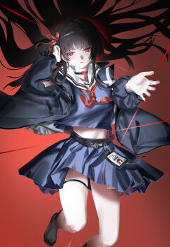 Rule 34 | 1girl, absurdres, arm up, black choker, black hair, black jacket, black shirt, black skirt, black socks, blush, breasts, bright pupils, chisa (wuthering waves), choker, closed mouth, commentary request, crop top, hair ribbon, highres, jacket, long hair, long sleeves, looking at viewer, medium breasts, neckerchief, no shoes, outstretched arm, red background, red eyes, red neckerchief, red ribbon, ribbon, sailor collar, shirt, skirt, smile, socks, solo, thigh strap, thighs, white pupils, white sailor collar, wuthering waves, youyu ren