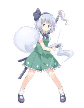 1girl absurdres black_bow black_bowtie black_hairband black_shoes blunt_bangs bob_cut bobby_socks bow bowtie closed_mouth collared_shirt dress dual_wielding frilled_dress frills full_body ghost green_dress green_eyes green_skirt green_vest grey_hair hair_bow hair_ribbon hairband highres hitodama holding holding_sword holding_weapon katana konpaku_youmu konpaku_youmu_(ghost) light_beam loafers long_sleeves looking_at_viewer mary_janes nanagi open_mouth puffy_short_sleeves puffy_sleeves ribbon scabbard serious sheath sheathed shirt shoes short_hair short_sleeves simple_background skirt skirt_set smile socks solo standing sword touhou unsheathing vest weapon white_background white_hair white_shirt white_socks
