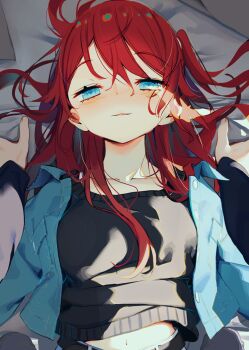 1boy 1girl blue_eyes blush breasts kamizaki_hibana light_smile long_hair looking_at_viewer lying navel nose_blush on_back original parted_lips pov pushing_down red_hair small_breasts solo_focus upper_body