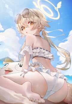Rule 34 | 1girl, :o, absurdres, ass, bare arms, bare legs, bare shoulders, barefoot, beach, bikini, blonde hair, blue archive, commentary request, day, eyewear on head, feet, frilled bikini, frills, halo, hifumi (blue archive), hifumi (swimsuit) (blue archive), highres, light blush, long hair, looking at viewer, looking back, low twintails, minojko112, ocean, official alternate costume, open mouth, outdoors, peroro (blue archive), raised eyebrows, revision, ribbon-trimmed bikini, ribbon trim, round eyewear, side-tie bikini bottom, sitting, soles, solo, sunglasses, swimsuit, toes, twintails, wariza, white bikini, yellow eyes, yellow halo