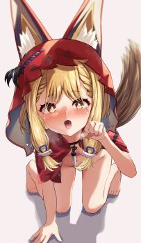 1girl absurdres all_fours animal_ears arknights arknights:_endfield barefoot blonde_hair blush bottomless breasts capelet diamond-shaped_pupils diamond_(shape) fangs highres hood loli long_sidelocks looking_at_viewer mattsi_hbkk navel open_mouth paw_pose red_capelet rossi_(arknights) saliva saliva_trail sidelocks simple_background skin_fangs small_breasts solo symbol-shaped_pupils tail toes wolf_ears wolf_girl wolf_tail yellow_eyes
