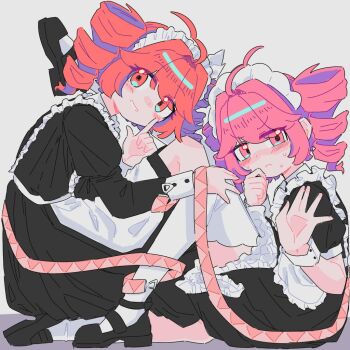 2girls ahoge apron black_dress black_shoes blush chinese_commentary closed_mouth commentary dress drill_hair dual_persona eyes_visible_through_hair frilled_dress frills frown grey_background hand_on_another&#039;s_knee kasane_teto kasane_teto_(sv) long_sleeves maid_apron maid_headdress multiple_girls pink_eyes pink_hair puffy_short_sleeves puffy_sleeves red_eyes red_hair shoes short_sleeves stuck_in_a_box sweat synthesizer_v tareme thighhighs twin_drills utau white_apron white_thighhighs yue_qianye