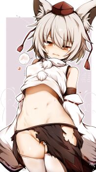 +++ 1girl @_@ absurdres animal_ears blush brown_eyes cleft_of_venus commentary cowboy_shot cropped_shirt detached_sleeves faceless faceless_male flying_sweatdrops frown grey_background grey_hair hagure_kedama half-closed_eyes hat heart highres inubashiri_momiji looking_at_viewer navel no_panties open_mouth outline pom_pom_(clothes) pussy red_hat ribbon-trimmed_sleeves ribbon_trim shirt skirt sleeveless sleeveless_shirt solo_focus spoken_blush standing sweatdrop thigh_gap thighhighs tokin_hat torn_clothes torn_skirt touhou translated trembling turtleneck turtleneck_shirt white_outline white_shirt white_sleeves white_thighhighs wolf_ears wolf_girl