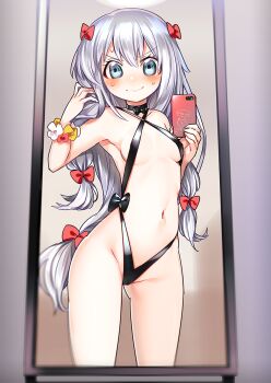 10s 1girl ascii_media_works ass black_neckwear black_one-piece_swimsuit black_slingshot_swimsuit blue_eyes blush bow cellphone embarrassed eromanga_sensei female_focus flat_chest hair_bow highres izumi_sagiri kaida_michi loli long_hair looking_at_mirror mirror mirror_selfie navel one-piece_swimsuit phone pink_bow scrunchie selfie silver_hair slingshot_swimsuit smartphone solo swimsuit wavy_mouth