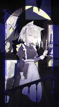 1girl absurdres animal_ear_fluff animal_ears apron arknights black_dress breasts candlestand cat_ears chinese_commentary clipboard closed_mouth commentary_request dark dress expressionless feet_out_of_frame fire green_eyes grey_hair highres holding holding_candlestand holding_clipboard indoors juliet_sleeves kal'tsit_(advisor)_(arknights) kal'tsit_(arknights) kal'tsit_(formal)_(arknights) kal'tsit_(maid)_(arknights) long_sleeves looking_at_viewer maid maid_apron maid_headdress medium_breasts official_alternate_costume painting_(object) picture_frame portrait_(object) puffy_sleeves railing shadow short_hair solo standing tan_ji_shengwu_cl white_apron