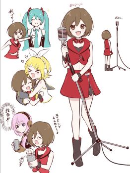 4girls alternate_height aqua_hair arm_warmers bare_shoulders black_footwear blonde_hair blue_eyes boots bow brown_eyes brown_hair can closed_eyes commentary cropped_jacket detached_collar drink facing_viewer from_behind hair_bow hair_ornament hariikei hatsune_miku headphones heart height_difference highres holding holding_can holding_drink holding_microphone_stand hug introduction jacket kagamine_rin long_hair looking_at_viewer looking_up megurine_luka meiko_(vocaloid) meiko_(vocaloid3) microphone_stand miniskirt multiple_girls multiple_views opening_can pink_hair red_jacket red_skirt sailor_collar shirt short_hair skirt sleeveless sleeveless_jacket sleeveless_shirt speech_bubble standing thought_bubble translated twintails twitter_username very_long_hair vocaloid white_background white_bow white_shirt