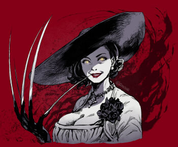 Rule 34 | 1girl, alcina dimitrescu, black hair, black hat, breasts, claws, cleavage, dress, dress flower, earrings, flower, hat, jacket, jewelry, large breasts, necklace, parted lips, pearl earrings, red background, red lips, resident evil, resident evil village, shiroton (kazamineko), short hair, skindentation, smile, solo, sun hat, upper body, wavy hair, white dress, white jacket, wide brim, yellow eyes