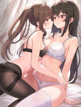 2girls armcho bed black_bra black_hair black_panties black_pantyhose blush bra breasts brown_eyes brown_hair collarbone curtains eye_contact indoors iris_yuma large_breasts leaning leaning_back leaning_forward lily_bloomerchen long_hair looking_at_another medium_breasts multiple_girls on_bed panties pantyhose ponytail red_eyes ribbon sitting soulworker sweat sweatdrop thighhighs twintails underwear white_bra white_panties white_thighhighs yuri