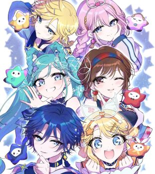 2boys 4girls aida_karasu aqua_eyes aqua_hair blonde_hair blue_choker blue_eyes blue_hair blue_jacket blush braid braided_hair_rings brother_and_sister brown_eyes brown_hair choker closed_eyes collarbone commentary_request earrings hair_between_eyes hair_ornament hair_rings hand_on_own_cheek hand_on_own_face hatsune_miku heart heart_earrings jacket jewelry kagamine_len kagamine_rin kaito_(vocaloid) long_hair looking_at_viewer magical_mirai_(vocaloid) magical_mirai_kaito magical_mirai_kaito_(2025) magical_mirai_len magical_mirai_len_(2025) magical_mirai_luka magical_mirai_luka_(2025) magical_mirai_meiko magical_mirai_meiko_(2025) magical_mirai_miku magical_mirai_miku_(2025) magical_mirai_rin magical_mirai_rin_(2025) medium_hair megurine_luka meiko_(vocaloid) multiple_boys multiple_girls official_alternate_costume official_alternate_hairstyle one_eye_closed open_mouth pink_hair red_nails siblings single_earring smile star_(symbol) star_hair_ornament twintails very_long_hair vocaloid
