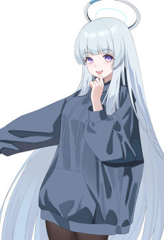 1girl absurdres black_pantyhose blue_archive blue_hoodie blunt_bangs commentary_request fujisawa_sorao grey_hair halo hand_up highres hood hoodie long_hair long_sleeves looking_at_viewer noa_(blue_archive) open_mouth pantyhose purple_eyes sidelocks simple_background solo standing very_long_hair white_background