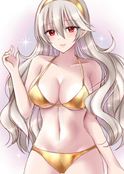 Rule 34 | 1girl, alternate costume, bare arms, bare shoulders, bikini, breasts, cleavage, closed mouth, collarbone, commentary request, female corrin (fire emblem), fire emblem, fire emblem fates, grey hair, hair between eyes, hairband, hand up, highres, kirishima riona, large breasts, long hair, looking at viewer, navel, nintendo, red eyes, smile, solo, stomach, swimsuit, thighs, underboob, very long hair, yellow bikini, yellow hairband