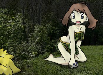1girl amayzing2002 arched_back armpit_crease arms_at_sides barefoot bikini blue_eyes brown_hair collarbone eyelashes fangs feet female_focus flat_chest full_body grass_skirt highres holding holding_poke_ball jungle kneeling knees leaf_bikini legs may_(pokemon) medium_hair midriff nature navel neck nintendo no_bra no_panties official_alternate_costume open_mouth outdoors poke_ball pokemon pokemon_adventures revealing_clothes sidelocks size_difference surprised swept_bangs thighs tomboy topknot turning_head