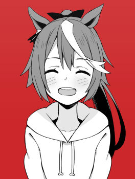 1girl ^_^ animal_ears black_bow blush bow closed_eyes collarbone commentary_request drawstring grey_hair hair_between_eyes hair_bow highres horse_ears horse_girl itami_sumihito long_hair monochrome open_mouth ponytail red_background simple_background single_hair_streak smile solo sweater teeth tokai_teio_(umamusume) umamusume upper_body upper_teeth_only white_hair white_sweater