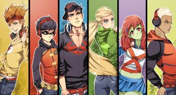 2girls 4boys alien alternate_costume aqua_lad arrow_(projectile) artemis_crock baseball_cap belt black_hair blonde_hair blue_eyes blue_skirt colored_skin dark_skin dc_comics denim dick_grayson domino_mask emblem eye_mask freckles gills goggles green_eyes green_skin hands_in_pockets hat headphones hood hoodie jeans kaldur&#039;ahm kid_flash kryptonian lightning_bolt_symbol martian mask miss_martian multiple_boys multiple_girls orange_hair pants ponytail raglan_sleeves robin_(dc) s_shield skirt superboy wally_west white_belt white_pants young_justice:_invasion