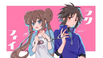 1boy 1girl blue_eyes blue_jacket blush border bow brown_hair commentary_request donut_hair_bun double_bun hair_bun jacket long_hair looking_at_viewer mokorei nate_(pokemon) nintendo open_mouth pink_background pink_bow poke_ball_print pokemon pokemon_adventures pokemon_bw2 raglan_sleeves red_eyes rosa_(pokemon) shared_handcuffs shirt short_hair simple_background twintails upper_body white_border white_shirt