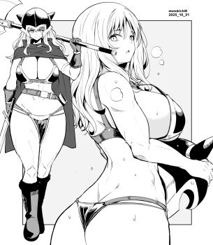 1girl armor ass asymmetrical_dual_wielding axe bikini_armor boots breasts breath cloak closed_mouth commentary_request dated dual_wielding fake_horns full_body gloves greyscale helmet highres holding holding_axe holding_sword holding_unworn_helmet holding_weapon horned_helmet horns kichihachi large_breasts light_blush long_hair looking_at_viewer monochrome multiple_views open_mouth original outside_border pelvic_curtain sheath smile standing sweat sword thong twitter_username unsheathed unworn_headwear unworn_helmet weapon