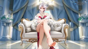 Rule 34 | 3d background, animated, blush, bubblebebe, bubblebebe (artist), couch, crossed arms, dress, feet, foot focus, glasses, humiliation, indie virtual youtuber, jewelry, long hair, mole, mole under eye, necklace, princess, red dress, sitting, tagme, video, virtual youtuber, white hair, yellow eyes
