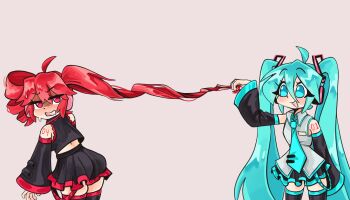 2girls ahoge black_shirt black_skirt black_sleeves black_thighhighs blue_eyes blue_hair blue_necktie blush collared_shirt commentary cowboy_shot detached_sleeves drill_hair english_commentary grabbing_another&#039;s_hair grey_background grey_shirt hatsune_miku headphones highres holding_another&#039;s_hair kasane_teto kecchi0 long_hair long_sleeves looking_at_another miniskirt multiple_girls necktie number_tattoo open_mouth pleated_skirt red_eyes red_hair shirt shoulder_tattoo simple_background skirt sleeveless sleeveless_shirt smile tattoo thighhighs twin_drills twintails utau very_long_hair vocaloid