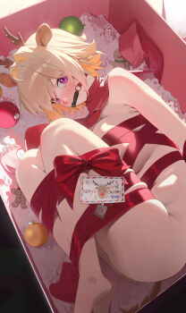 1girl absurdres animal_ears antlers barefoot bdsm blonde_hair blush bondage bound bound_legs breasts christmas_present commentary deer_ears elegg_(nikke) english_text fake_animal_ears fake_antlers feet gag gift gingerbread_man goddess_of_victory:_nikke highres horns large_breasts looking_at_viewer naked_ribbon nikku_nana purple_eyes red_ribbon reindeer_antlers ribbon short_hair solo symbol-only_commentary