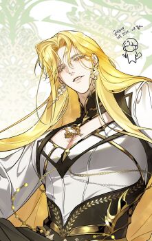 030lala 1boy artist_self-insert black_sash blonde_hair chain chibi chibi_inset cleavage_cutout clothing_cutout colored_eyelashes commentary crying curtained_hair earrings eruhaben glint gold_trim half-closed_eyes highres holding holding_paper holding_pen jewelry korean_text lips long_hair long_sleeves looking_at_viewer lout_of_count's_family male_focus mandarin_collar paper parted_bangs parted_lips pectoral_cleavage pectorals pen pendant puffy_long_sleeves puffy_sleeves sash shirt smile solo streaming_tears symbol-only_commentary tears translation_request upper_body very_long_hair white_background white_shirt yellow_eyes