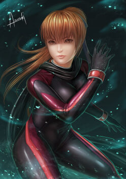 1girl amasaki_yusuke bodysuit breasts dead_or_alive highres kasumi_(doa) large_breasts long_hair phase-4 ponytail