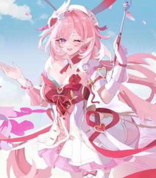 1girl ;o beret breasts cleavage commentary_request diamond-shaped_pupils diamond_(shape) dress elf elysia_(hi_love_elf)_(honkai_impact) elysia_(honkai_impact) gloves hat heart_ribbon highres holding_ribbon_baton honkai_(series) honkai_impact_3rd large_breasts long_hair looking_at_viewer multicolored_hair one_eye_closed pink_hair pointy_ears protected_link purple_eyes red_dress single_glove solo symbol-shaped_pupils tdatnst two-tone_hair very_long_hair white_dress white_gloves white_hair