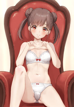 Rule 34 | 1girl, bare arms, bare legs, bow, bow bra, bow panties, bra, brown hair, ca paria, chair, collarbone, commentary request, double bun, feet out of frame, four-finger heart hands, hair bun, heart, heart hands, idolmaster, idolmaster shiny colors, looking at viewer, navel, on chair, panties, sitting, solo, sonoda chiyoko, stomach, twintails, underwear, underwear only, white bra, white panties