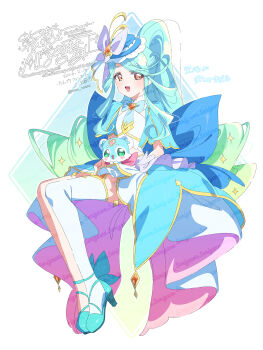Rule 34 | 1girl, artist name, back bow, blue bow, blue bowtie, blue hair, blue hat, blue sleeves, bow, bowtie, breasts, brooch, brown eyes, creature on lap, crop top, cure eclair, footwear bow, frilled hat, frills, full body, gradient hair, green bow, green hair, green shoes, hat, hat bow, heart, heart brooch, highres, invisible chair, jewelry, long hair, looking at viewer, magical girl, meitantei precure!, multicolored hair, open mouth, parted bangs, precure, serizawa serizane, shirt, shoes, shushu-tan, single thighhigh, sitting, skirt, small breasts, smile, thighhighs, very long hair, watermark, white background, white bow, white shirt, white skirt, white thighhighs, wide sleeves