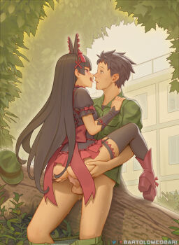 1boy 1girl 2girls after_kiss ass ass_grab bartolomeobari black_hair black_thighhighs blunt_bangs boots clothes_pull commentary couple cowgirl_position day english_commentary eye_contact face-to-face gate_-_jieitai_ka_no_chi_nite_kaku_tatakaeri gothic_lolita hand_on_another's_shoulder hat hetero hime_cut itami_youji lelei_la_lalena lolita_fashion long_hair looking_at_another military military_uniform multiple_girls open_mouth outdoors pants pants_pull penis platform_footwear puffy_short_sleeves puffy_sleeves red_eyes red_footwear rory_mercury saliva saliva_trail sex short_sleeves straddling suspended_congress sweat testicles thighhighs tongue tongue_out uncensored unworn_hat unworn_headwear vaginal very_long_hair