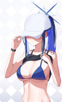 Rule 34 | 1girl, absurdres, argyle background, arm up, bare shoulders, baseball cap, bikini, black camisole, black hair, blue archive, blue bikini, blue hair, blunt bangs, blush, breasts, camisole, camisole lift, cleavage, closed mouth, clothes lift, collarbone, colored inner hair, commentary, covering own eyes, embarrassed, groin, halo, hand on headwear, hat, highres, large breasts, lifting own clothes, long hair, multicolored hair, navel, no mask, official alternate costume, ponytail, saori (blue archive), saori (swimsuit) (blue archive), senkuma777, sleeveless, solo, standing, stomach, swimsuit, upper body, white hat, wristband