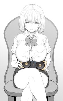1girl bob_cut bow bowtie breasts button_gap chair crossed_legs female_focus graphics_card greyscale hair_ornament hairclip highres himeko_(sky-freedom) large_breasts looking_at_viewer monochrome on_chair original pleated_skirt school_uniform shirt short_hair short_sleeves sitting skirt sky-freedom smile solo spot_color taut_clothes taut_shirt white_background