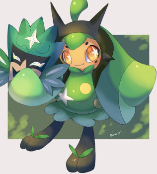 Rule 34 | artist name, border, bright pupils, closed mouth, commentary request, dark skin, fangs, green background, highres, iwasi 29, nintendo, ogerpon, ogerpon (teal mask), outside border, pokemon, pokemon (creature), standing, star-shaped pupils, star (symbol), symbol-shaped pupils, twitter username, white border