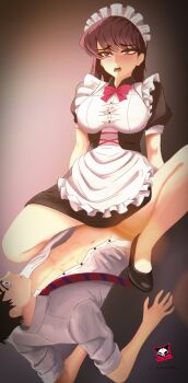Rule 34 | arms behind back, blush, breasts, commission, half-closed eyes, high heels, highres, huge breasts, implied sex, komi-san wa komyushou desu, komi shouko, lying, maid, maid headdress, on back, open clothes, open shirt, purple eyes, sex, sexually suggestive, shoes, sitting, sitting on person, spread legs, stiletto heels, tadano hitohito, themaker