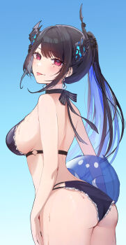 1girl :p absurdres ass asymmetrical_horns ball bare_shoulders beachball bikini black_bikini black_hair blue_background blue_hair blush breasts cauli colored_inner_hair commentary cowboy_shot demon_horns earrings english_commentary flower frilled_bikini frills from_behind glowing_horns gradient_background halterneck high_ponytail highres holding holding_ball holding_beachball hololive hololive_english horn_flower horns jailbird_(nerissa_ravencroft) jewelry large_breasts long_hair looking_at_viewer looking_back mole mole_under_eye multicolored_hair nerissa_ravencroft objectification pink_eyes ponytail sideboob sidelocks simple_background solo standing swept_bangs swimsuit thighs tongue tongue_out turning_head two-tone_hair uneven_horns virtual_youtuber wet