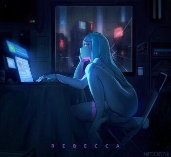 1girl absurdres artificial_eye artist_name barefoot beer_can can chair character_name colored_skin commentary completely_nude computer crack cracked_glass cyberpunk_(series) cyberpunk:_edgerunners david_martinez drink_can english_commentary glowing glowing_eyes glowing_pussy highres indoors laptop leg_tattoo long_hair mechanical_eye night nude on_chair petite pussy rebecca_(cyberpunk) sad sitting solo sorapoi straight_hair tattoo very_long_hair white_skin window