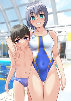 1boy 1girl absurdres age_difference aqua_eyes black_hair blue_male_swimwear blue_one-piece_swimsuit commentary_request competition_swimsuit covered_navel cowboy_shot grey_hair grin highleg highleg_one-piece_swimsuit highres indoors male_swimwear multicolored_swimsuit navel one-piece_swimsuit onee-shota original pool poolside purple_eyes short_hair smile striped_male_swimwear swim_briefs swimsuit takafumi thigh_gap topless_male variant_set white_one-piece_swimsuit
