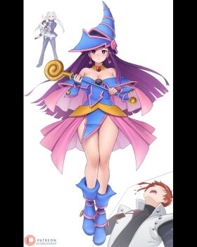 1boy 2girls :t absurdres aroused_nosebleed blood blue_boots blue_dress blue_hat blue_jacket blue_pants boots breasts card cleavage closed_mouth commentary cosplay dark_magician_girl dark_magician_girl_(cosplay) dismaiden dress duel_disk earrings elf english_commentary fern_(sousou_no_frieren) floating_hair frieren full_body gakuran grey_hair hat highres holding holding_card holding_wand jacket jewelry kaiba_seto kaiba_seto_(cosplay) large_breasts light_blush long_hair looking_at_viewer multiple_girls muto_yugi muto_yugi_(cosplay) necklace nosebleed notice_lines open_mouth pants patreon_logo patreon_username pelvic_curtain pentacle pillarboxed pointy_ears pout purple_eyes purple_hair red_hair school_uniform simple_background solo_focus sousou_no_frieren stark_(sousou_no_frieren) thigh_gap thighs twintails twitter_username v-shaped_eyebrows very_long_hair vest wand white_background white_vest wizard_hat yu-gi-oh! yu-gi-oh!_duel_monsters