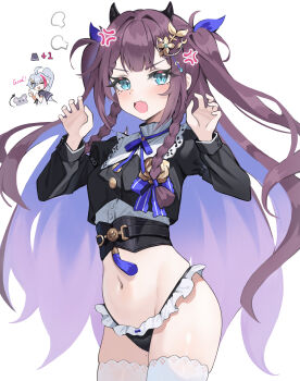 2girls absurdres aer7o amakawa_mamushi anger_vein astral_party black_panties black_shirt blue_eyes braid brown_hair claw_pose colored_inner_hair commentary_request cowboy_shot crop_top crop_top_overhang fangs frilled_panties frills highleg highleg_panties highres horns long_hair long_sleeves looking_at_viewer mole mole_under_eye multicolored_hair multiple_girls navel neck_ribbon no_pants open_mouth panties purple_hair ren_(astral_party) ribbon shirt simple_background smile solo_focus star-shaped_pupils star_(symbol) stomach string_panties symbol-shaped_pupils thighhighs thighs twin_braids two-tone_hair two_side_up underbust undershirt underwear v-shaped_eyebrows very_long_hair white_background white_shirt white_thighhighs