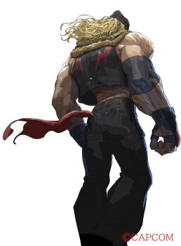 1boy alex_(street_fighter) bandana belt black_gloves black_pants blonde_hair blue_eyes bodypaint commentary_request cropped_jacket denim derivative_work downturned_eyes facepaint feet_out_of_frame fingerless_gloves from_behind from_below gloves hat jacket leather long_hair long_sidelocks looking_back male_focus mask muscular muscular_male official_art pants sidelocks simple_background sleeveless sleeveless_jacket solo street_fighter street_fighter_6 takayuki_nakayama vest white_background