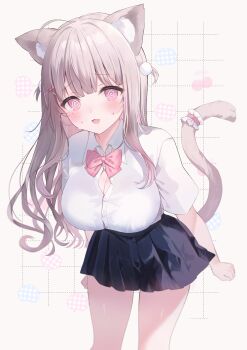1girl @_@ absurdres animal_ear_fluff animal_ears black_skirt blush bow bowtie breasts button_gap cat_ears cat_girl cat_tail cleavage commission diagonal-striped_bow diagonal-striped_bowtie diagonal-striped_clothes fang grey_hair hair_ornament highres indie_virtual_youtuber large_breasts leaning_forward long_hair looking_at_viewer miniskirt mole mole_under_eye nervous_sweating open_mouth pink_bow pink_bowtie pink_eyes pleated_skirt pom_pom_(clothes) pom_pom_hair_ornament revision rucaco shirt short_sleeves skeb_commission skin_fang skirt solo striped_bow striped_bowtie striped_clothes sweat tail thighs two_side_up uise_iu virtual_youtuber white_shirt x_hair_ornament