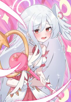 1girl bare_shoulders blue_archive blush breasts collar commentary detached_sleeves dress embarrassed frilled_collar frills halo head_wings highres holding holding_wand long_hair looking_at_viewer magical_girl moon_(ornament) official_alternate_costume open_mouth pink_background pink_dress puffy_detached_sleeves puffy_sleeves purple_halo red_eyes single_head_wing single_wing solo sparkle suzumi_(magical)_(blue_archive) uzuraa very_long_hair wand white_hair white_wings wing_ornament wings