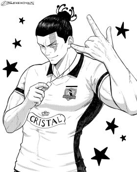 1boy \m/ cerveza_cristal colo_colo commentary_request hair_bun highres jujutsu_kaisen male_focus muscular muscular_male pectorals scar scar_across_eye scar_on_face scar_on_forehead seveninks single_hair_bun smile soccer_uniform solo spanish_commentary sportswear star_(symbol) toudou_aoi_(jujutsu_kaisen) v-shaped_eyebrows veins widow's_peak
