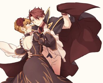 1boy 1girl beatrice_(umineko) black_dress blonde_hair blue_eyes blush closed_mouth constricted_pupils dress eye_contact flower formal_clothes hair_flower hair_ornament highres hswoimuxk0pwr0h_(bbdan) long_dress looking_at_another median_furrow red_flower red_hair red_rose rose sidelocks simple_background standing suit umineko_no_naku_koro_ni ushiromiya_battler white_background white_suit
