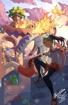 1girl arm_support black_pantyhose building cloud collared_shirt commentary_request dated day fingerless_gloves gen_2_pokemon gloves green_hair highres jumpluff maushold maushold_(family_of_three) mochachiiino multicolored_hair necktie nemona_(pokemon) nintendo orange_eyes orange_necktie orange_shorts outdoors pantyhose pokemon pokemon_(creature) pokemon_sv ponytail red_gloves shirt shoes short_sleeves shorts signature single_glove sitting skeledirge sky smile smoliv sneakers two-tone_hair window