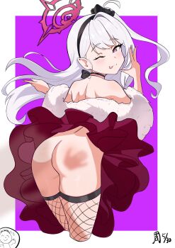 1boy 1girl :p ;p ass bare_shoulders black_hairband blue_archive blush border choker closed_mouth cropped_legs dress fishnet_thighhighs fishnets from_behind fur_trim grey_hair hairband halo loli long_hair looking_at_viewer looking_back mutsuki_(blue_archive) no_panties one_eye_closed one_side_up outside_border pink_eyes pointy_ears purple_background purple_eyes red_halo s714488 shoulder_blades side_ponytail simple_background slap_mark smile solo spanked thighhighs tongue tongue_out white_border white_hair