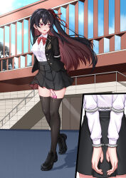 Rule 34 | 1girl, absurdres, bdsm, black hair, black jacket, black skirt, bound, bound arms, bound wrists, breasts, brown eyes, brown hair, chain, colored inner hair, cuffs, elbow cuffs, handcuffs, highres, indie virtual youtuber, jacket, kenen tanabata, loafers, long hair, medium breasts, multicolored hair, outdoors, projected inset, sex toy, shirt, shoes, side ponytail, skirt, solo, thighhighs, two-tone hair, vibrator, vibrator in thighhighs, walking, white shirt