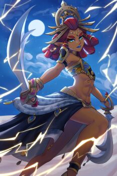 1girl abs blue_lips bracelet caminukai commentary dark-skinned_female dark_skin dreadlocks dual_wielding electricity gem gerudo highres holding holding_sword holding_weapon jewelry lipstick looking_at_viewer makeup moon night nintendo pointy_ears red_hair riju shoulder_pads solo sword the_legend_of_zelda the_legend_of_zelda:_tears_of_the_kingdom tiara toned toned_female weapon